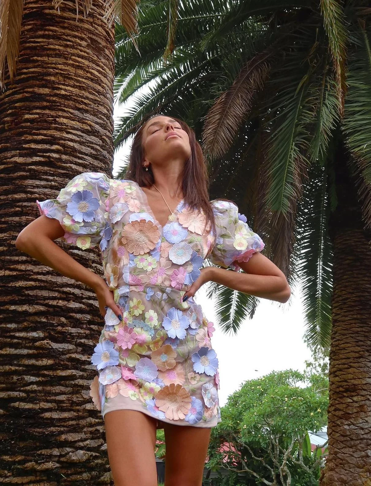 Pastel Floral Appliqué Puff Sleeve Mini Dress