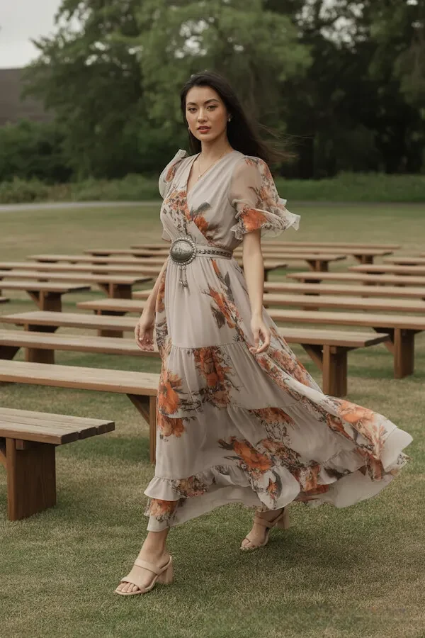 Floral Midi Dress with Puff Sleeves and Statement Belt for Weddings