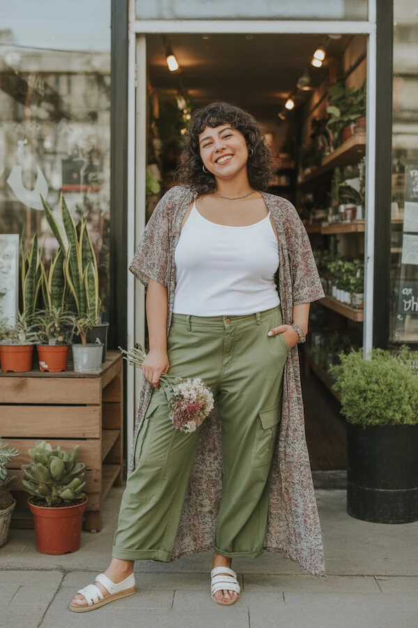 Olive Green Wide-Leg Trousers with Floral Kimono and White Tank