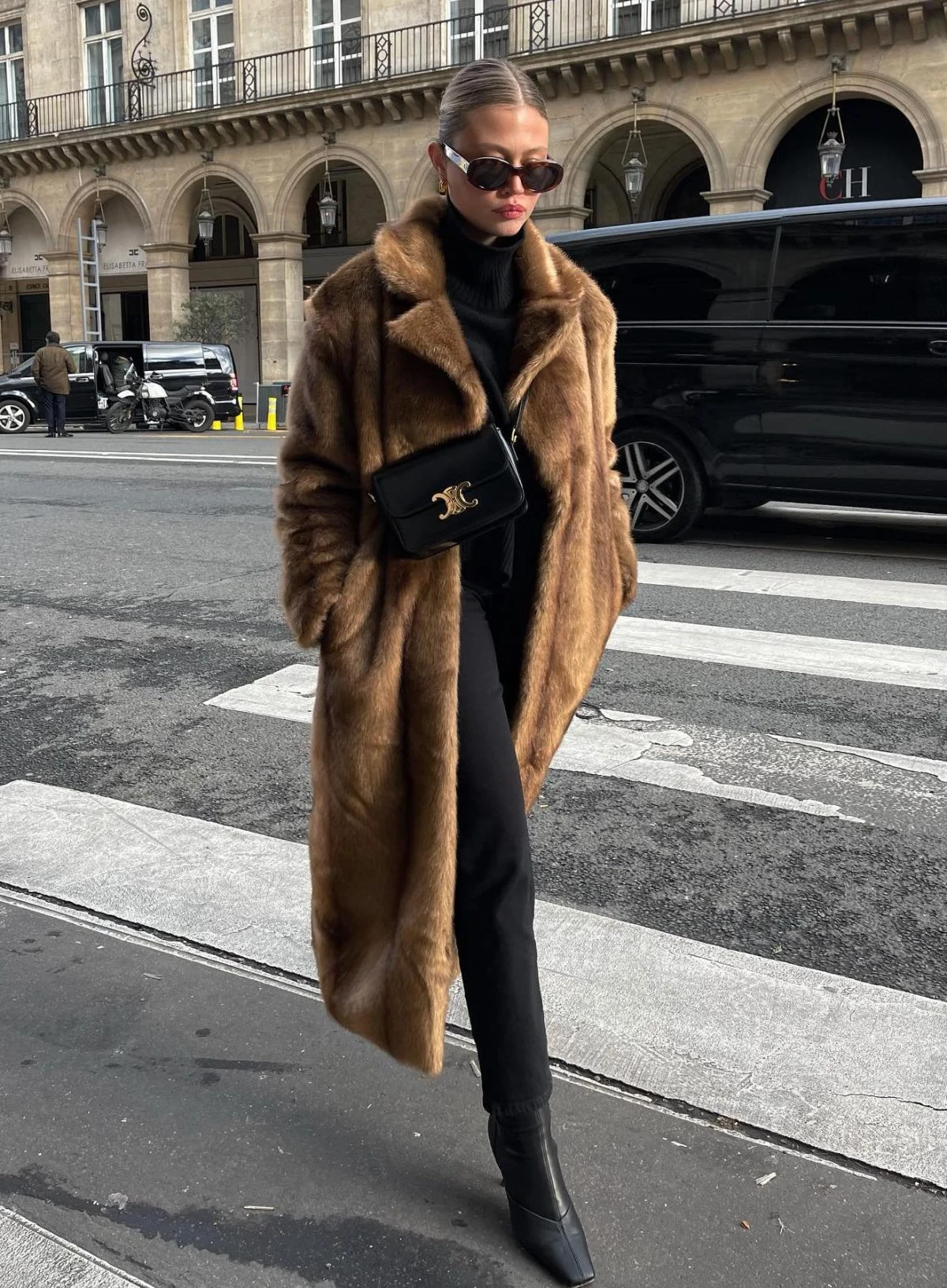 Brown Fur Coat Outfit with Black Turtleneck and Trousers