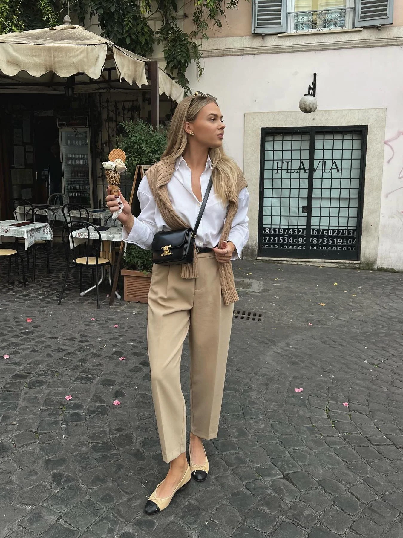 White Shirt Beige Trousers Black Flats Outfit