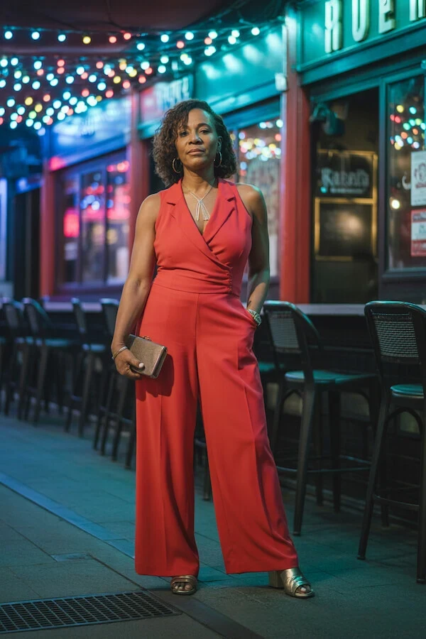 Red Sleeveless Tuxedo Jumpsuit with Wide Leg Trousers