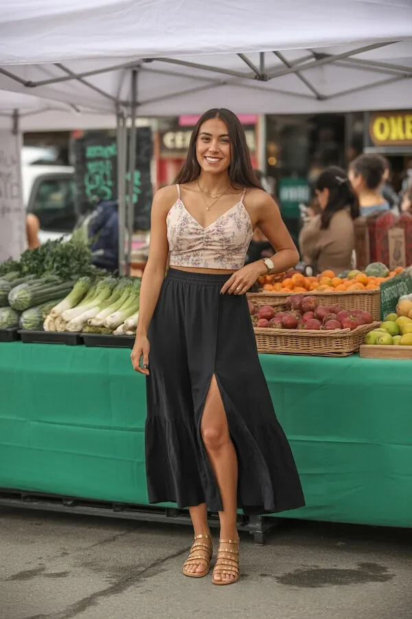 Crushed Velvet Crop Top with Black Maxi Skirt Summer Outfit