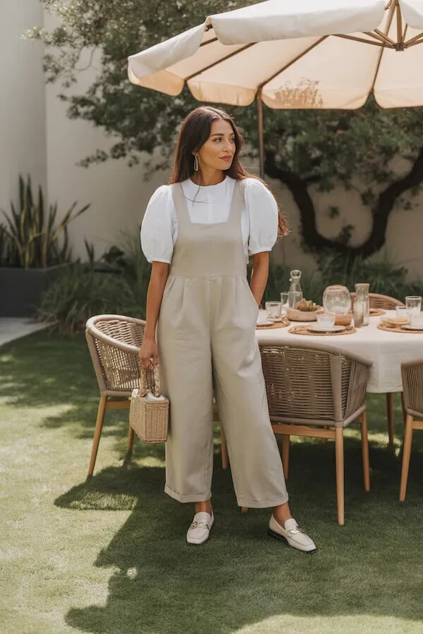 Linen Pinafore Jumpsuit with White Puff Sleeve Blouse