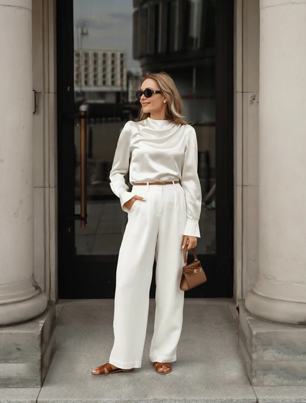 Cream Cowl Neck Top Wide Leg Trousers Outfit