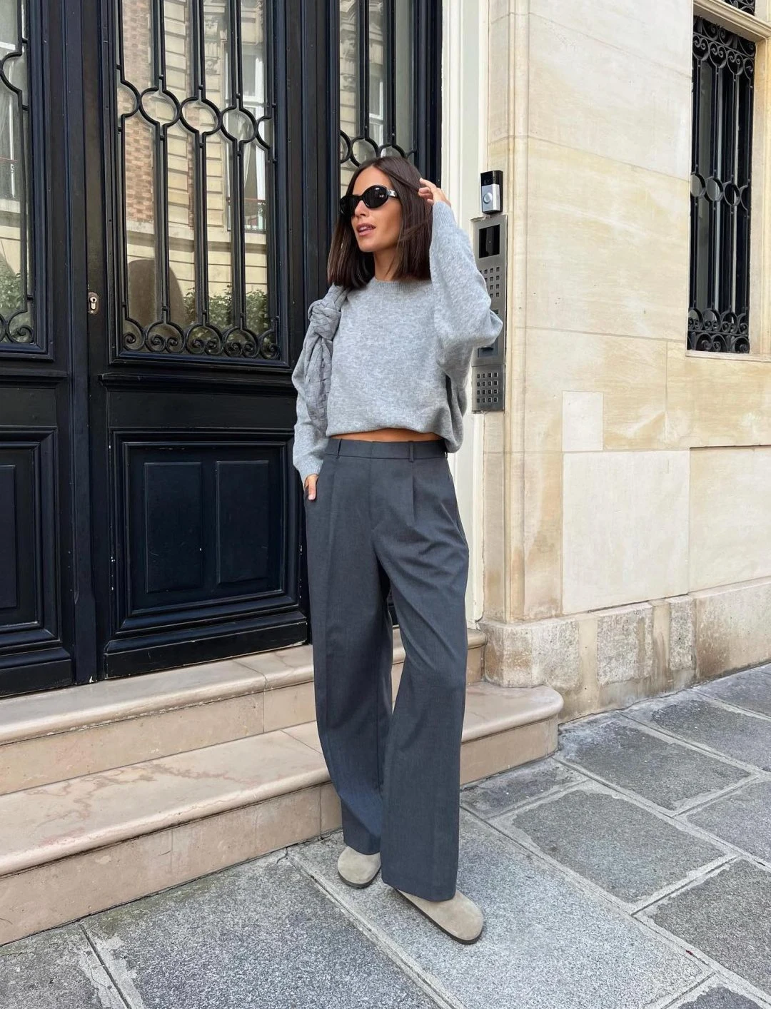 Grey Cropped Sweater Wide-Leg Trousers Outfit