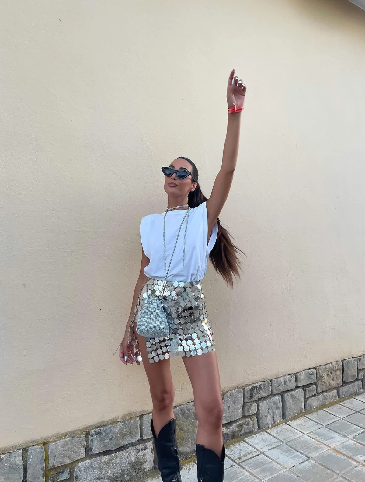 White Shoulder Pad Top Silver Sequin Skirt Party Outfit