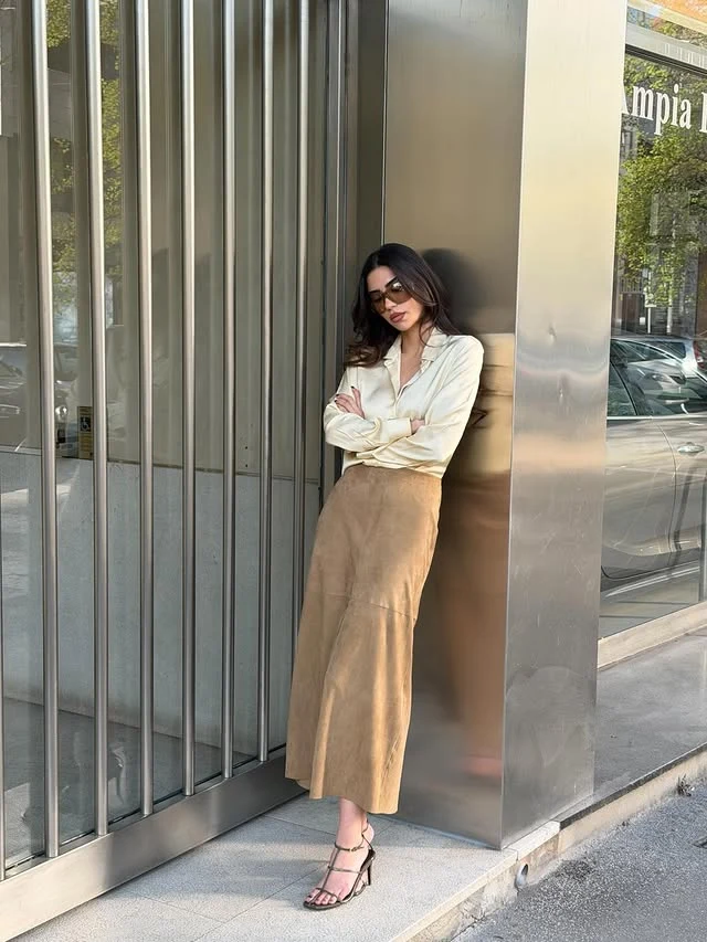 Cream Silk Shirt Camel Midi Skirt Outfit