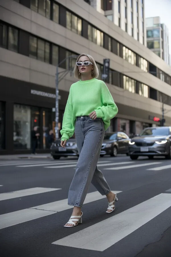 Neon Green Oversized Knit Sweater with Straight Leg Jeans