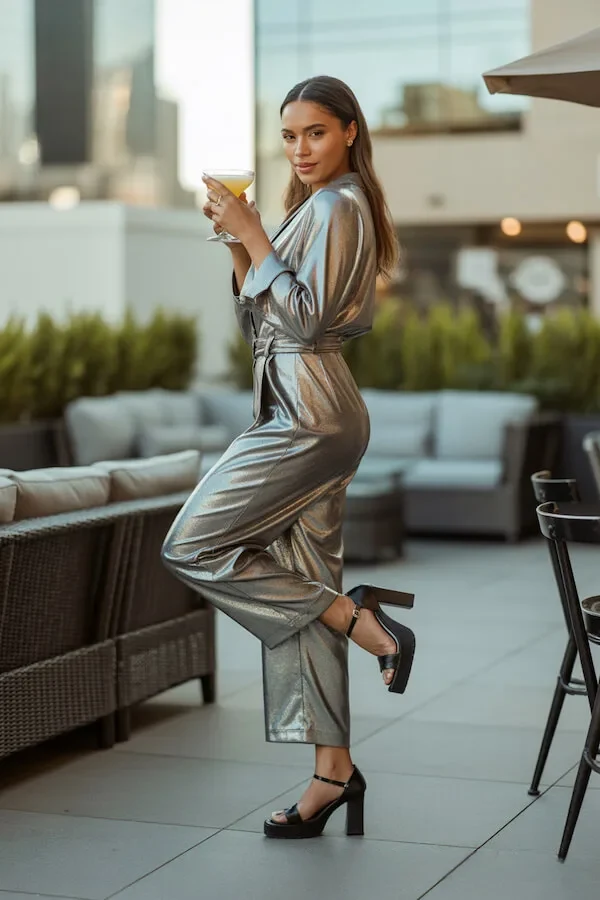 Silver Metallic Wrap Jumpsuit with Black Platform Sandals