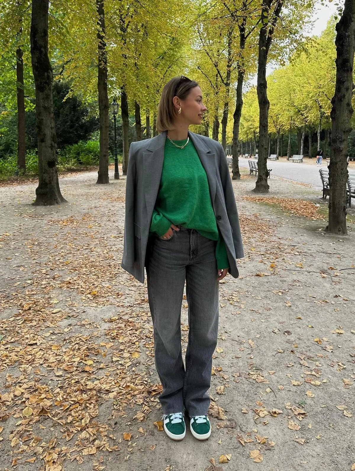 Grey Blazer Green Sweater Wide Leg Jeans Outfit