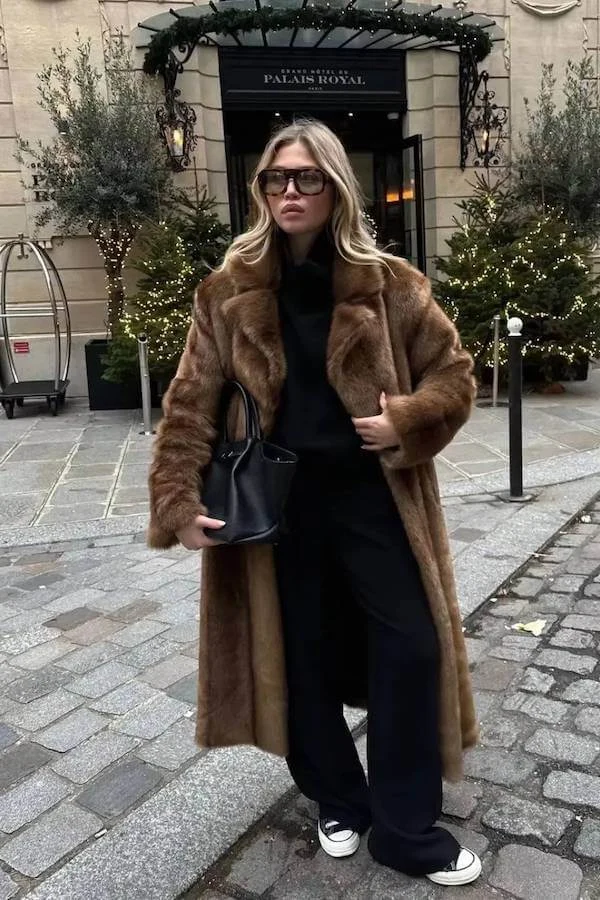 Brown Faux Fur Coat Outfit with Black Wide-Leg Trousers