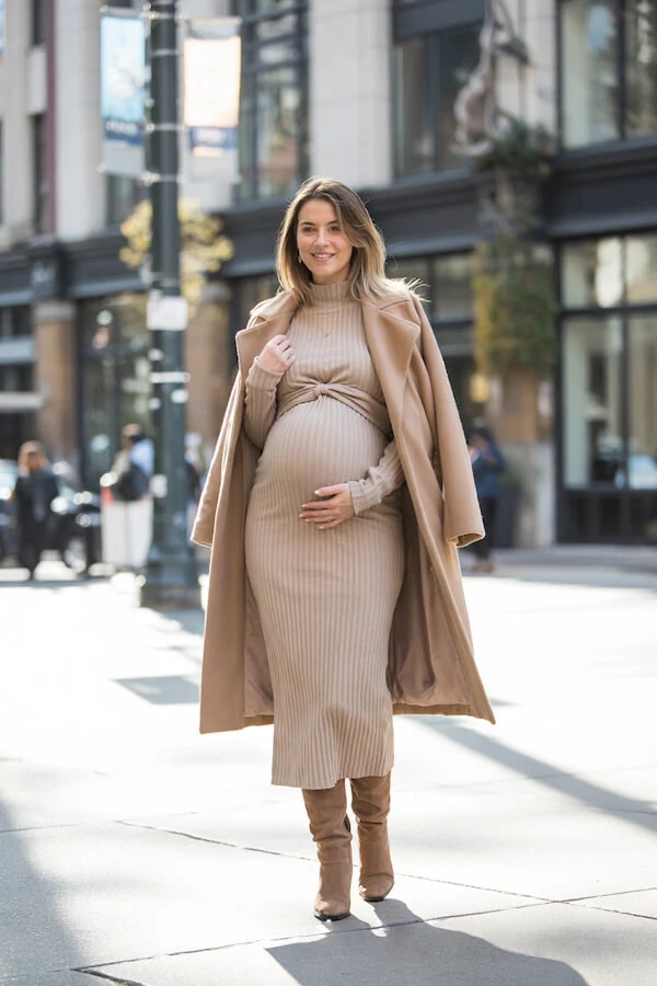 Camel Knit Dress Outfit with Matching Coat