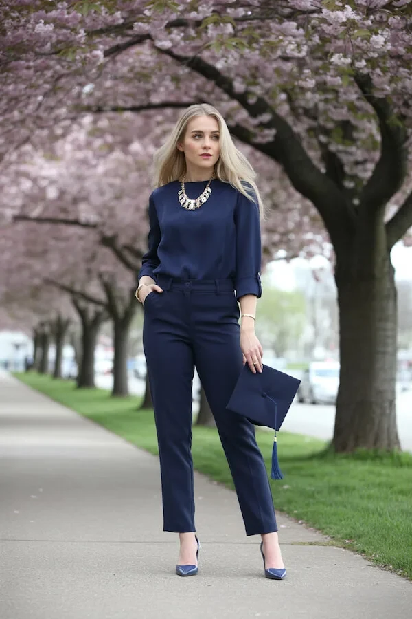 Navy Blue Blouse and Tailored Trousers with Statement Necklace
