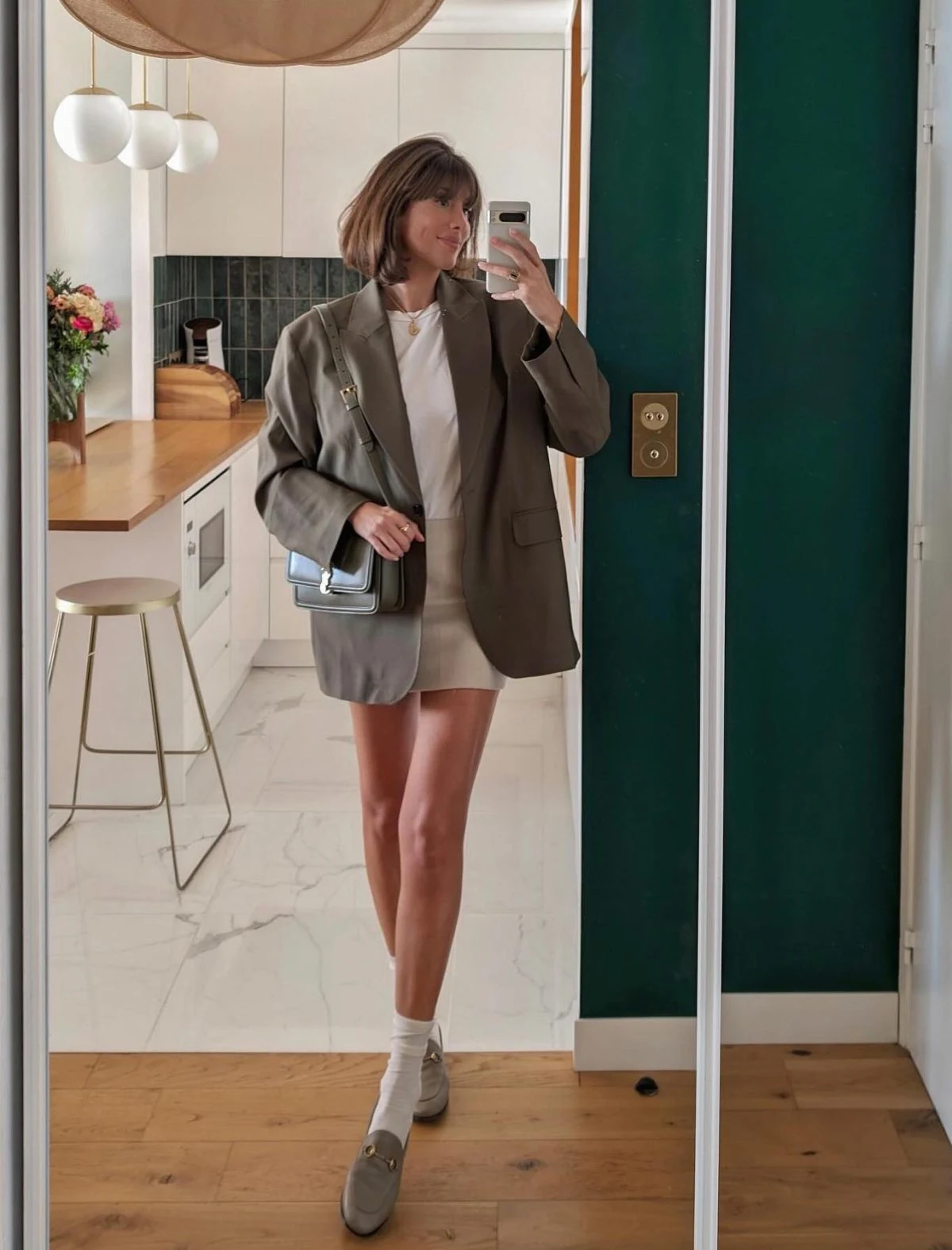 Olive Green Blazer Mini Skirt Outfit with White Socks
