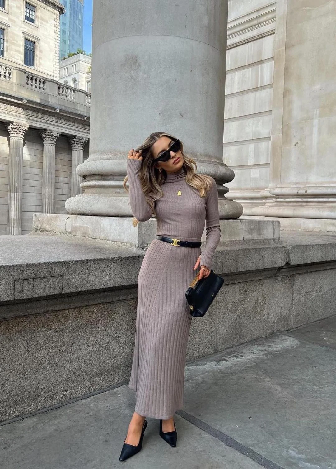 Taupe Ribbed Knit Midi Dress Outfit with Black Belt