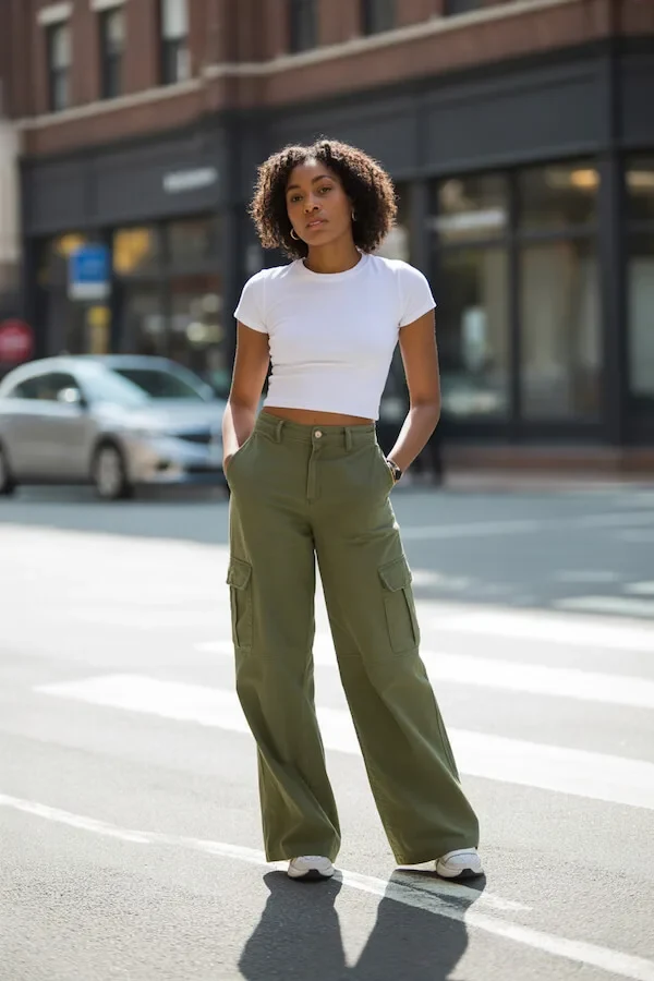 White Cropped Tee with Olive Green Cargo Trousers Outfit