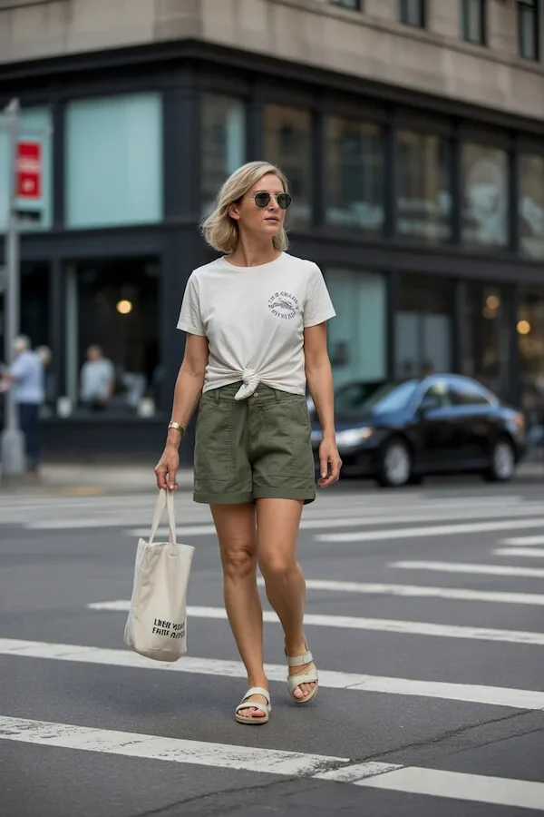 White Tee Olive Green Linen Shorts Summer Outfit