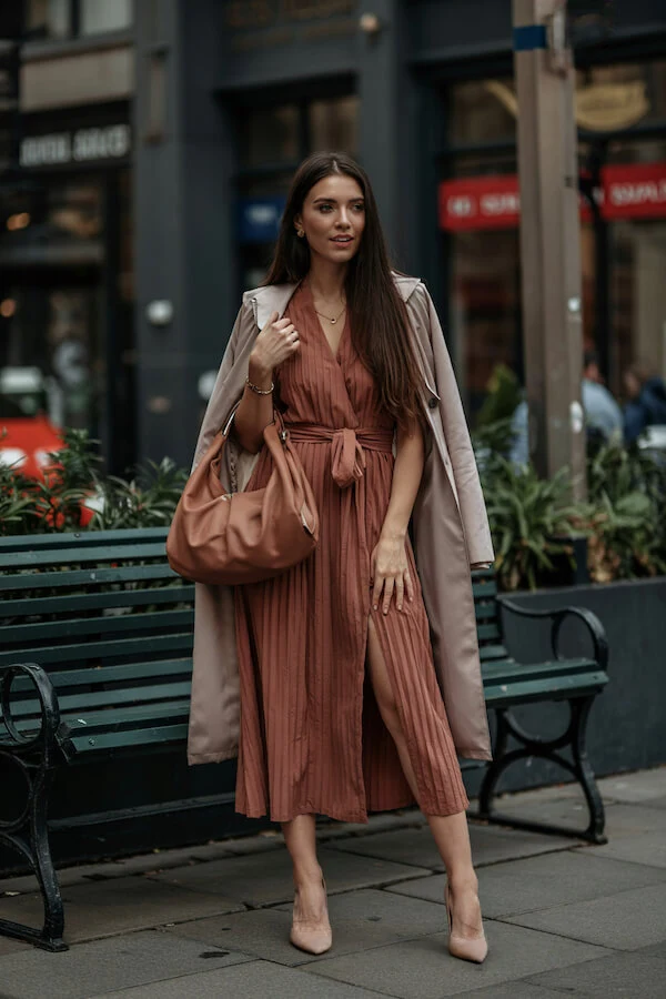 Rust Pleated Wrap Dress Outfit with Beige Trench Coat