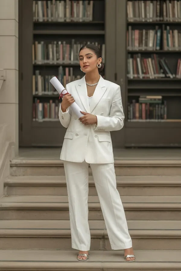 White Double-Breasted Blazer Suit with Wide-Leg Trousers