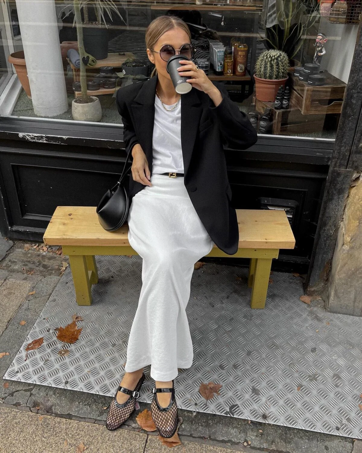 Black Blazer White Wide-Leg Trousers Fishnet Flats Outfit