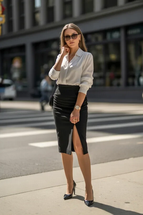 White Shirt Black Leather Pencil Skirt Work Outfit