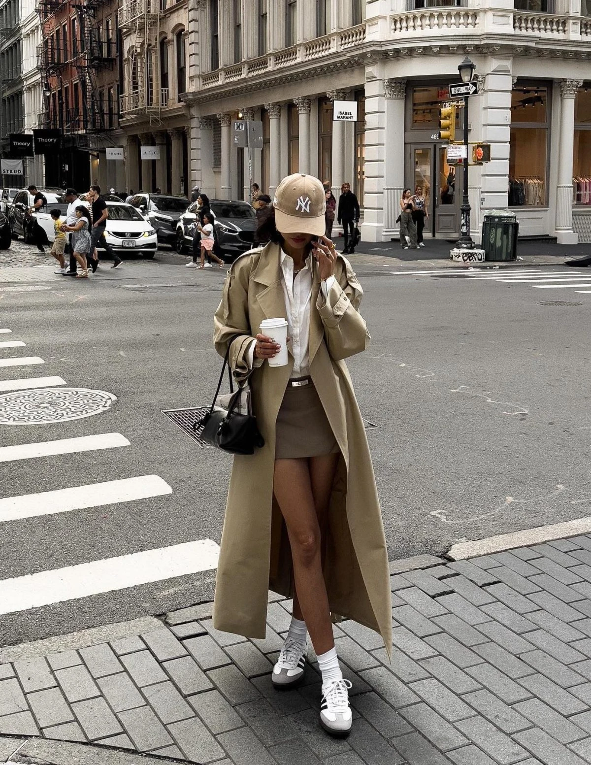 Beige Trench Coat Outfit with Brown Mini Skirt