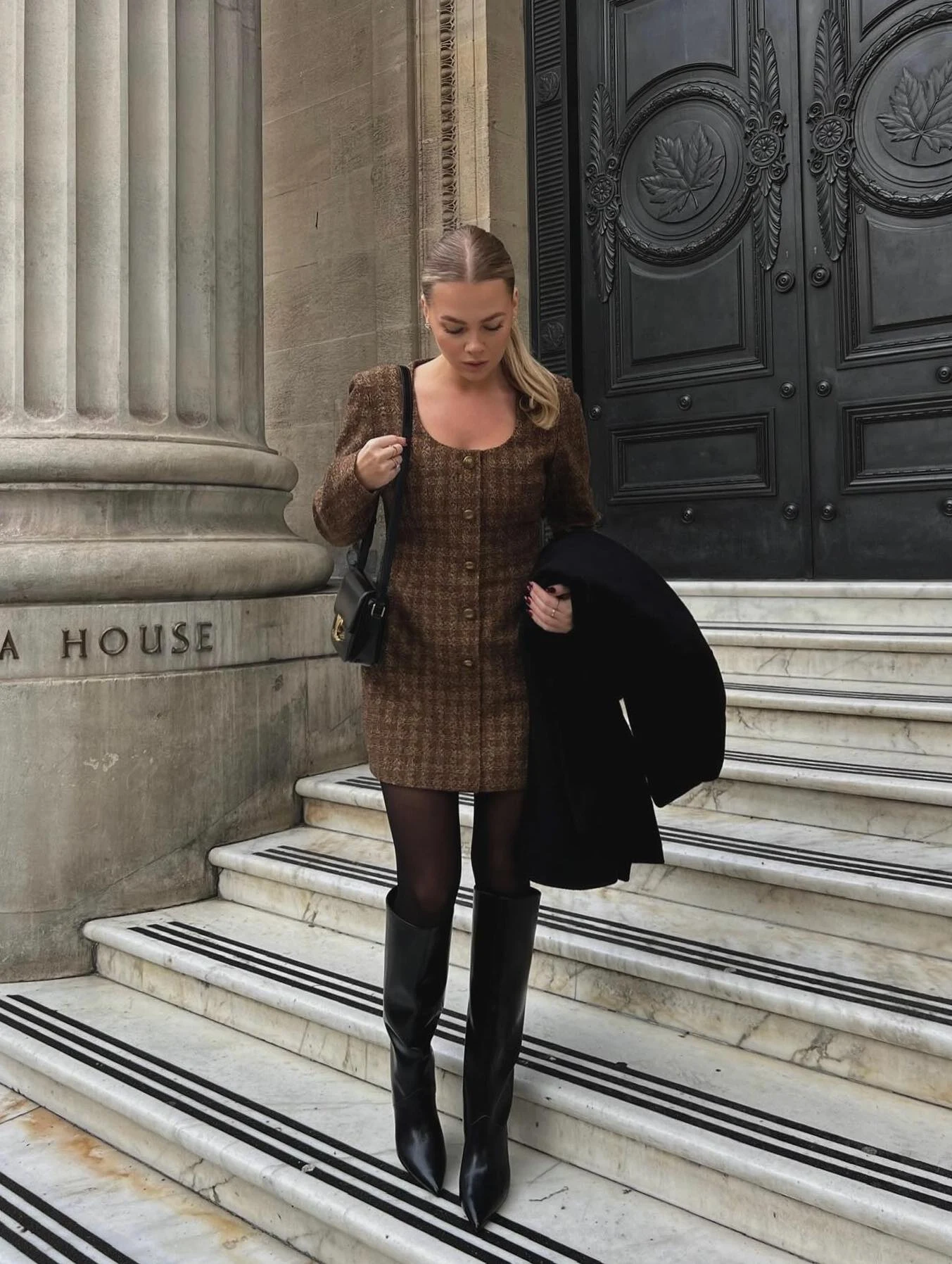 Brown Tweed Mini Dress with Over-the-Knee Boots