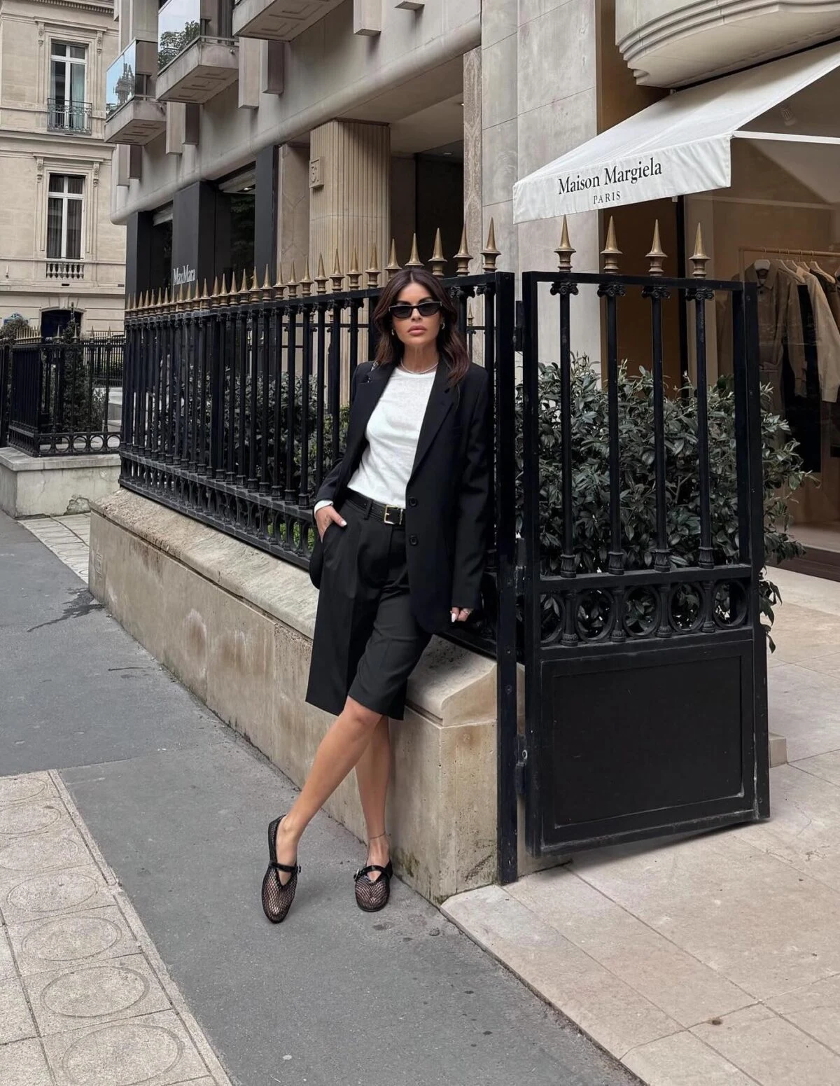 Black Blazer Bermuda Shorts Outfit with White Tee