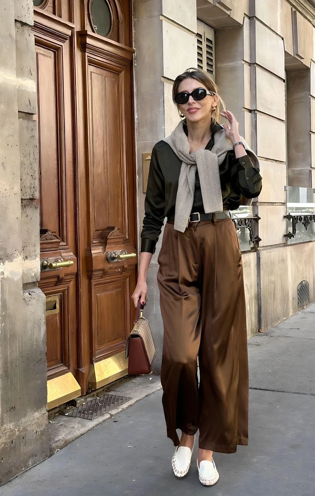 Olive Blouse Brown Wide-Leg Trousers Outfit with Grey Scarf
