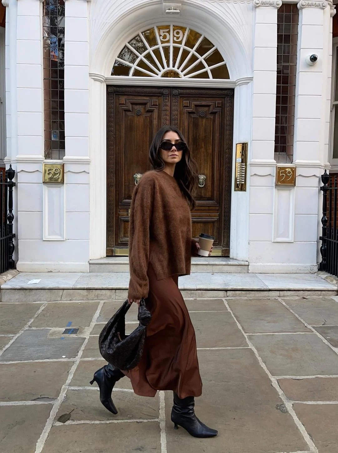 Brown Oversized Sweater Outfit with Chocolate Slip Skirt