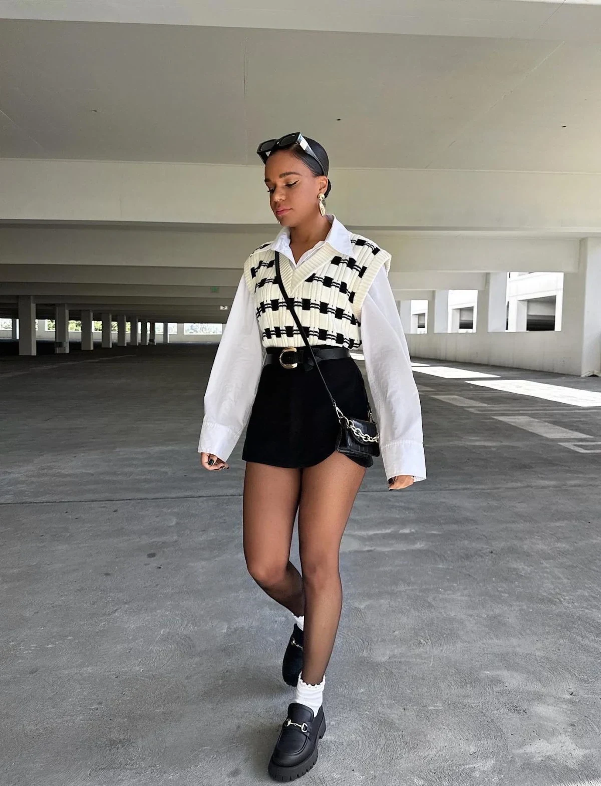 Black and Cream Check Knit Vest Outfit with Mini Skirt