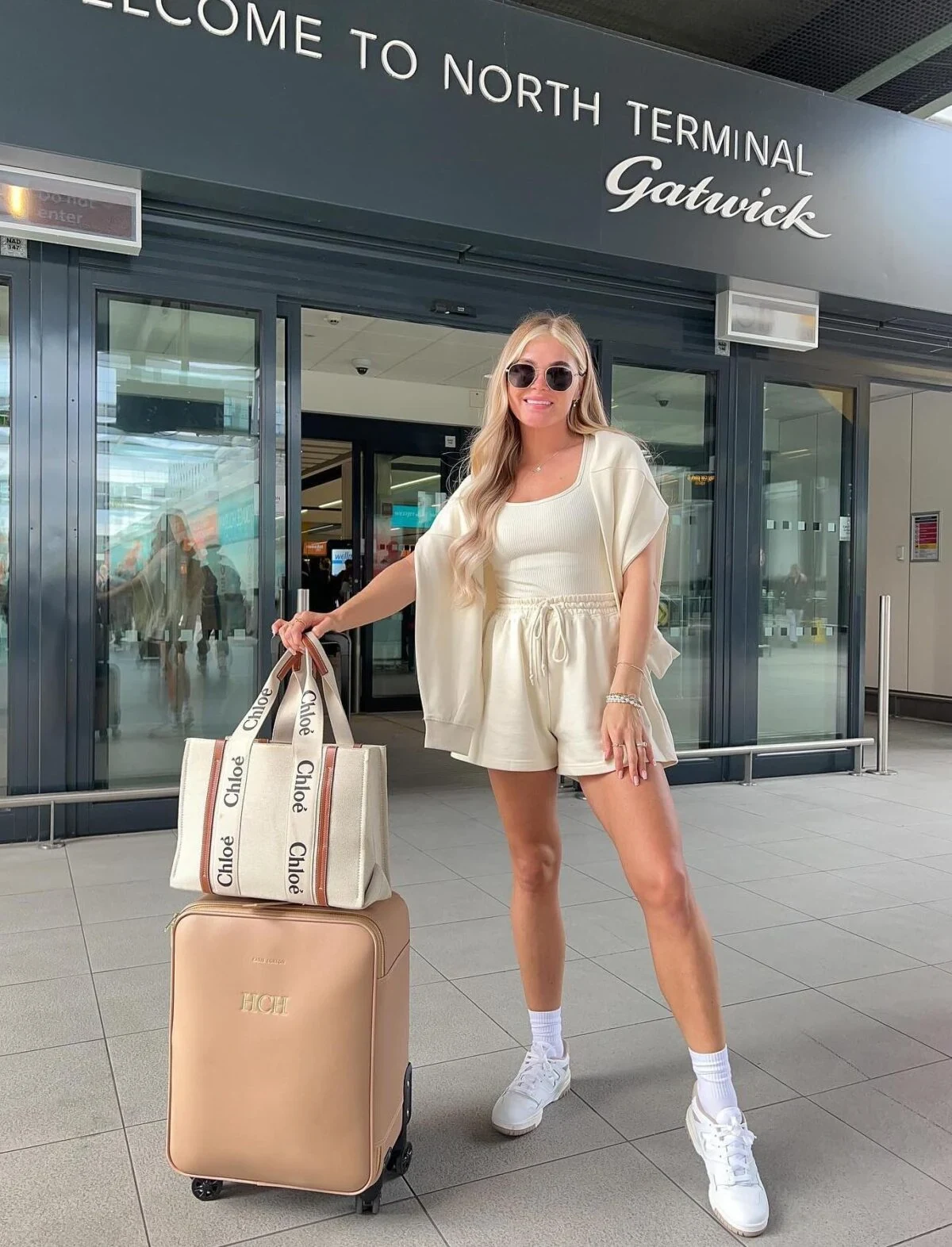 Cream Linen Co-Ord Airport Outfit with White Sneakers