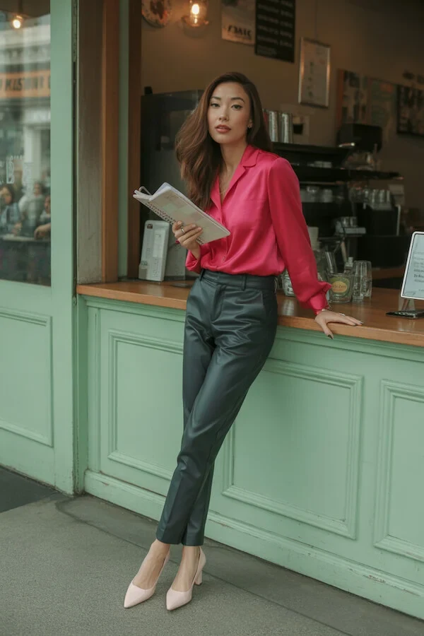 Hot Pink Silk Blouse with Black Leather Trousers and Nude Pumps