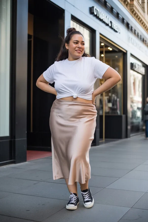 White Knotted Crop Top with Champagne Slip Skirt and Sneakers