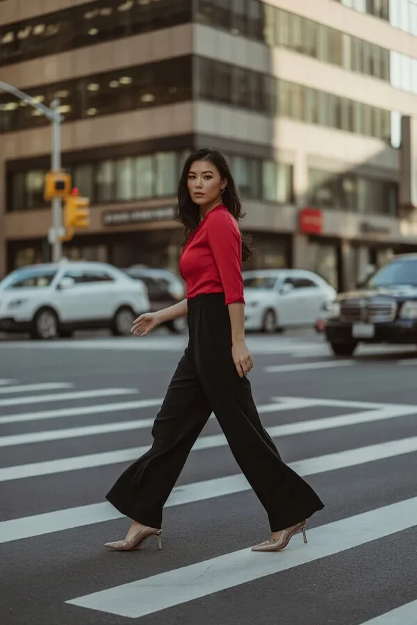 Red Blouse Black Wide-Leg Trousers Outfit with Kitten Heels