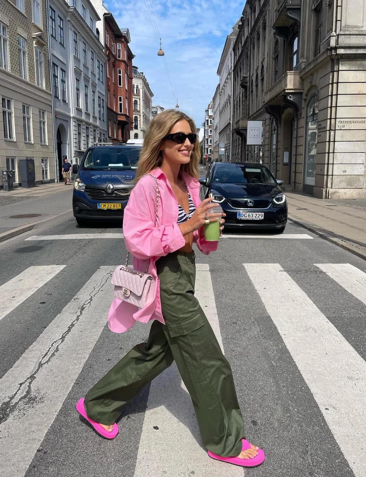Pink Shirt Olive Cargo Trousers Outfit with Hot Pink Slides