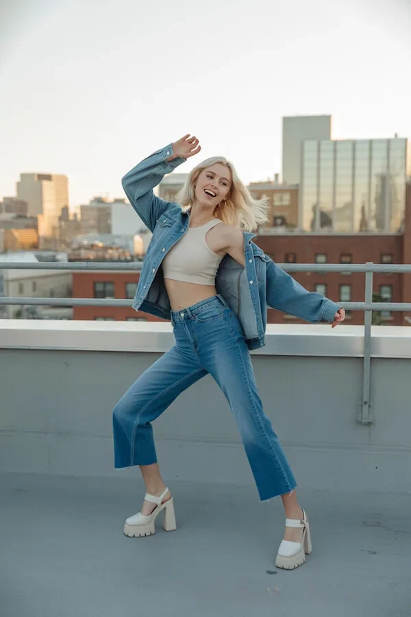 Denim Jacket and Straight Leg Jeans with Beige Crop Top