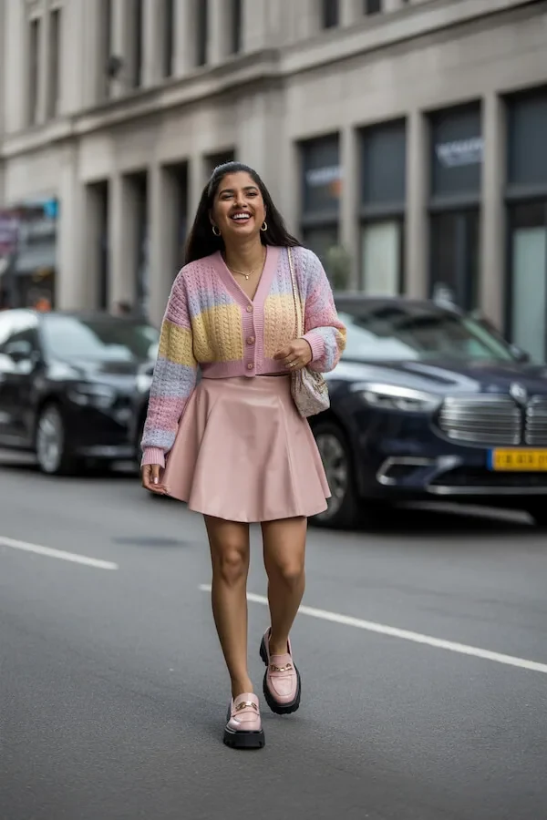 Pastel Rainbow Cable Knit Cardigan with Pink Leather Mini Skirt Outfit