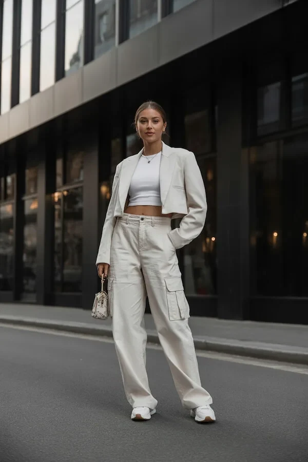 White Cropped Blazer Cargo Trousers Crop Top Outfit