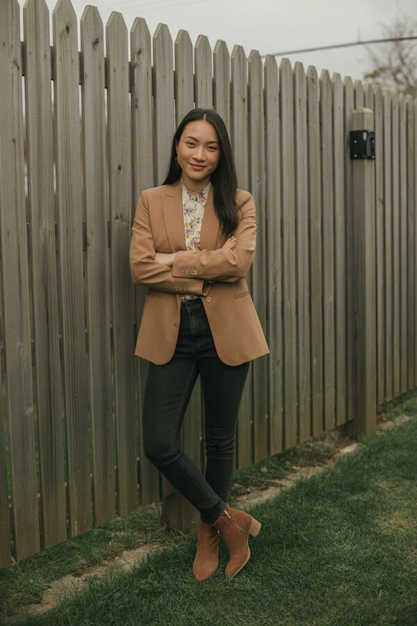 Camel Blazer Dark Denim Floral Blouse Ankle Boots Outfit