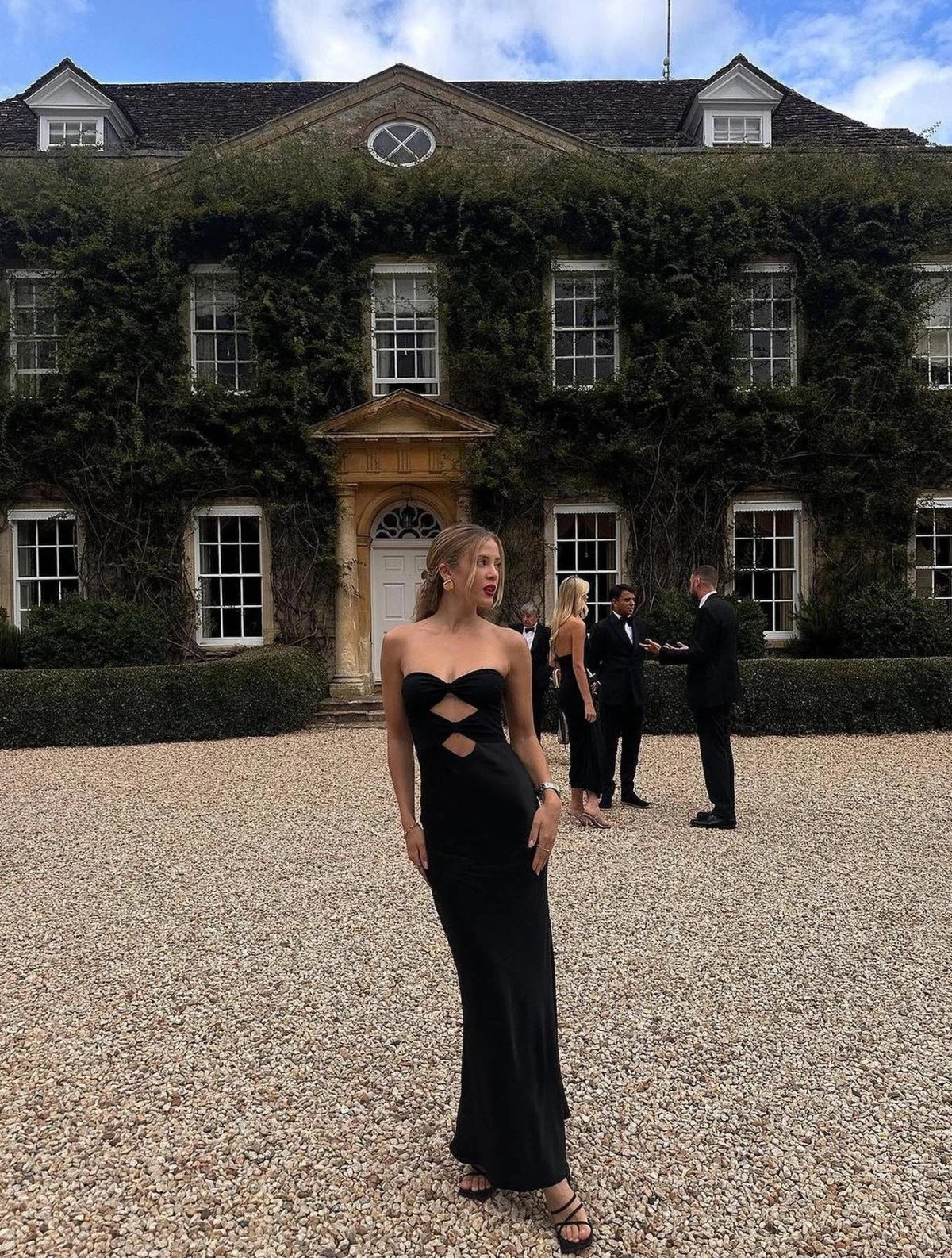 Black Strapless Cut-Out Maxi Dress Wedding Guest Outfit