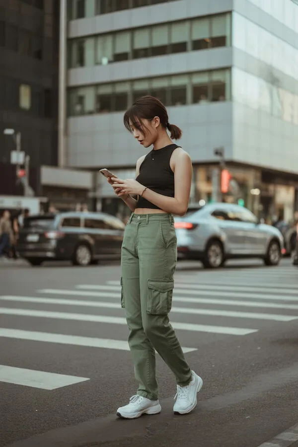 Black Cropped Tank Top with Olive Green Cargo Trousers and White Sneakers
