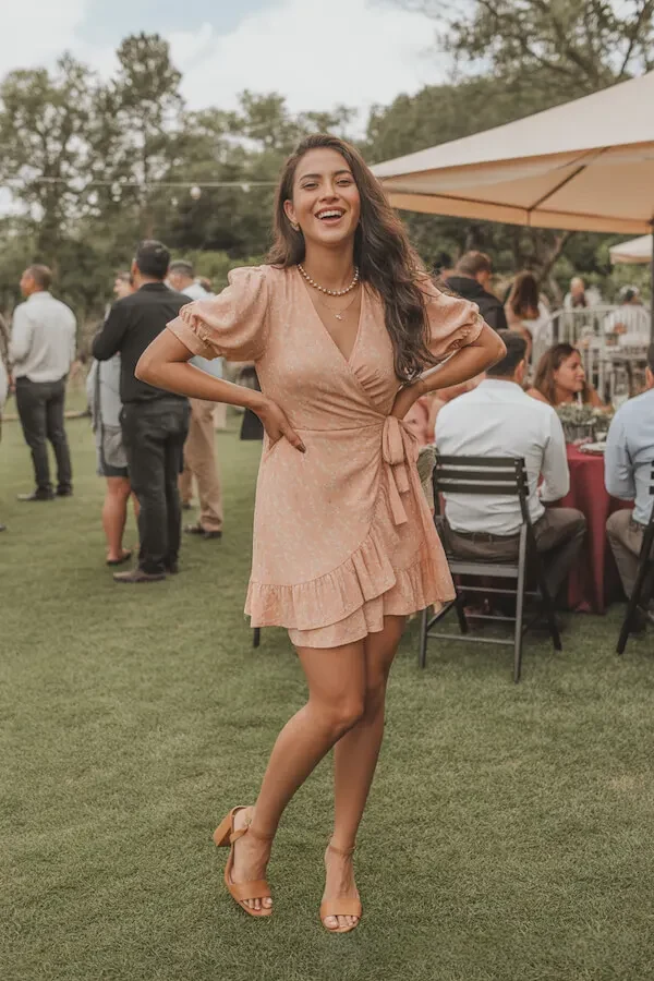 Blush Pink Wrap Dress with Puff Sleeves for Summer Garden Events