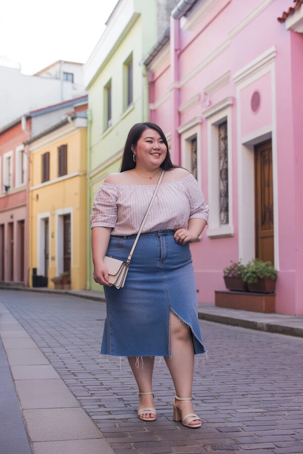 Pink Ribbed Off-Shoulder Top with Denim Midi Skirt