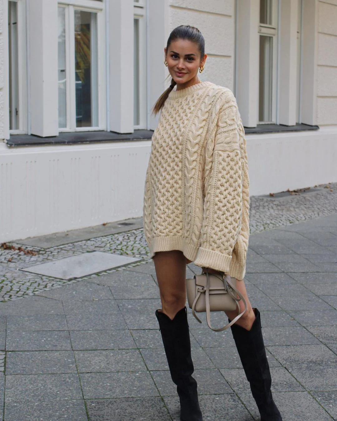 Cream Cable Knit Sweater Dress with Black Knee High Boots