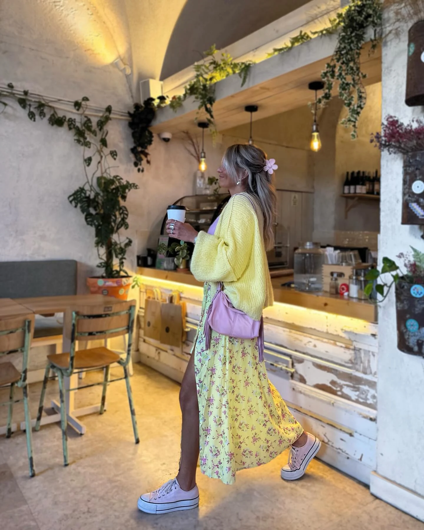 Yellow Cardigan Floral Midi Skirt Spring Outfit