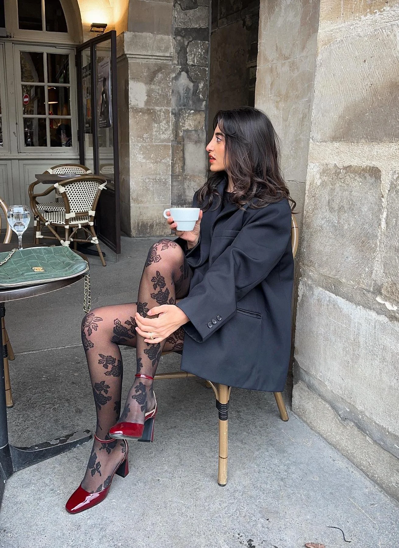 Black Blazer Floral Lace Tights Red Heels Outfit