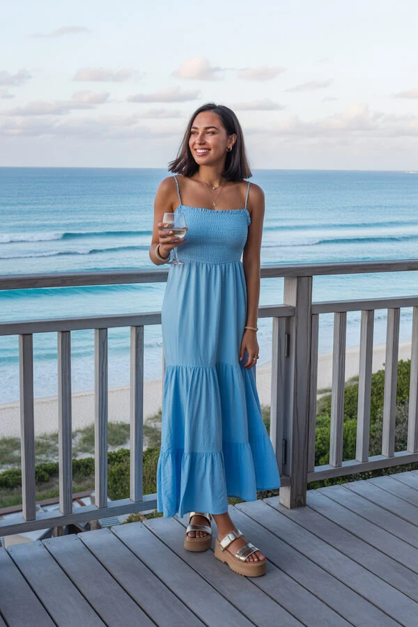 Light Blue Smocked Maxi Dress Coastal Vacation Outfit