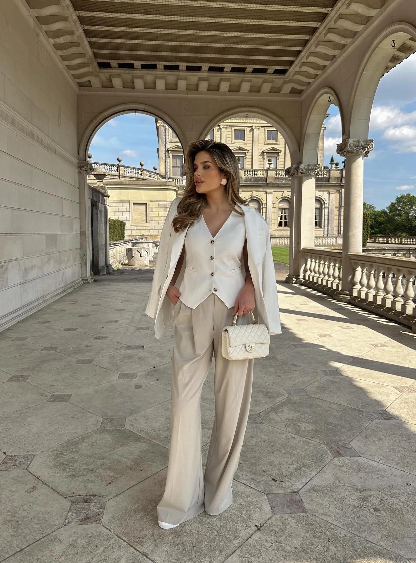 Cream Tailored Waistcoat Wide-Leg Trousers Cape Blazer Outfit